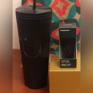 Starbucks Winter 2024 Release Metallic Black Pleated Cold Cup & keychain